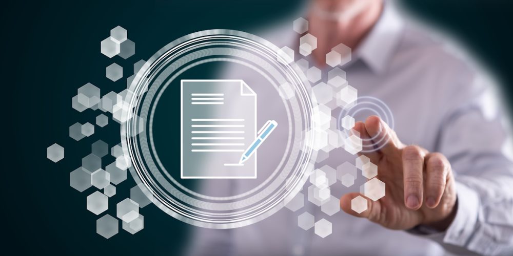 Person interacting with a virtual document icon on a touchscreen interface.