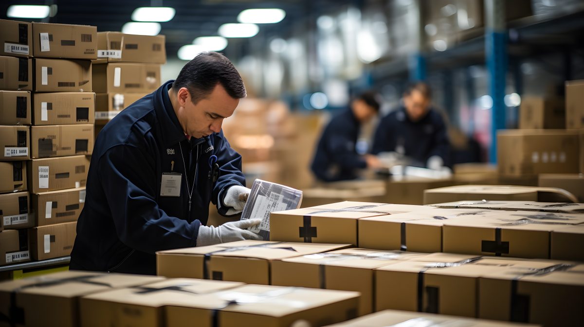 Customs officer inspecting packages in a warehouse environment.
